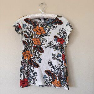 Next Womens T-Shirt UK 12 White Floral 100% Cotton Short Sleeve Round Neck Basic
